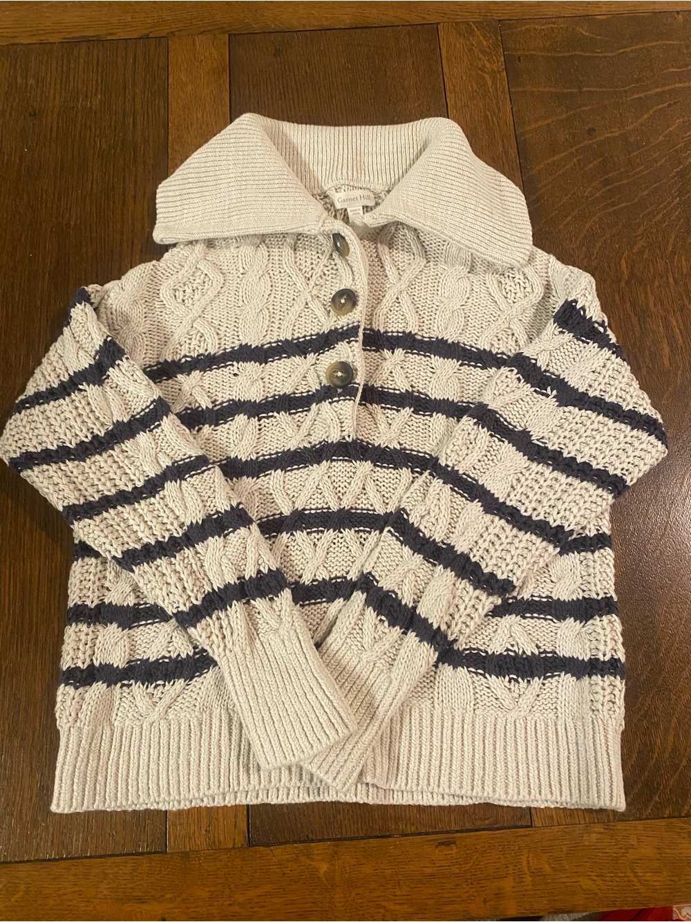 Garnet Hill Neutral Cream & Navy Striped Cable-Knit Sweater. XS.